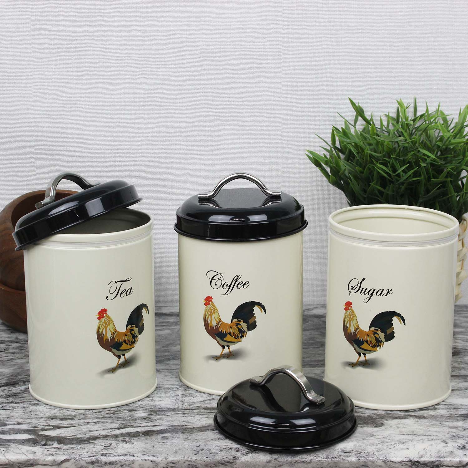 Set of 3 1.2L Cockerel Tea Coffee Sugar Kitchen Canisters