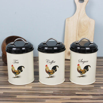 Set of 3 1.2L Cockerel Tea Coffee Sugar Kitchen Canisters