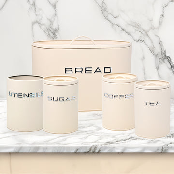 5Pcs Cream Metal Bread Bin Tea Coffee Sugar & Utensils Holder Kitchen Canisters Set