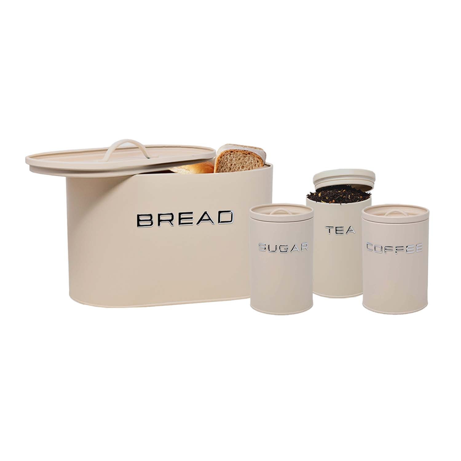 4Pcs Cream Metal Tea Coffee Sugar & Bread Bin Kitchen Canister Set