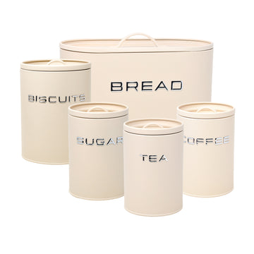 5Pcs Cream Metal Biscuit Tea Coffee Sugar Bread Bin Kitchen Canister Set