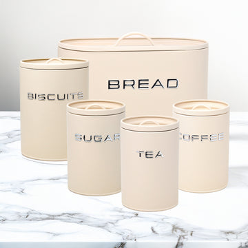 5Pcs Cream Metal Biscuit Tea Coffee Sugar Bread Bin Kitchen Canister Set