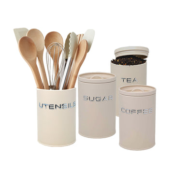 4Pcs Cream Metal Tea Coffee Sugar & Utensil Holder Kitchen Canister Set