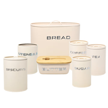 7Pcs Cream Metal Butter Dish Bread Bin Utensil Holder Biscuit Kitchen Canisters Set