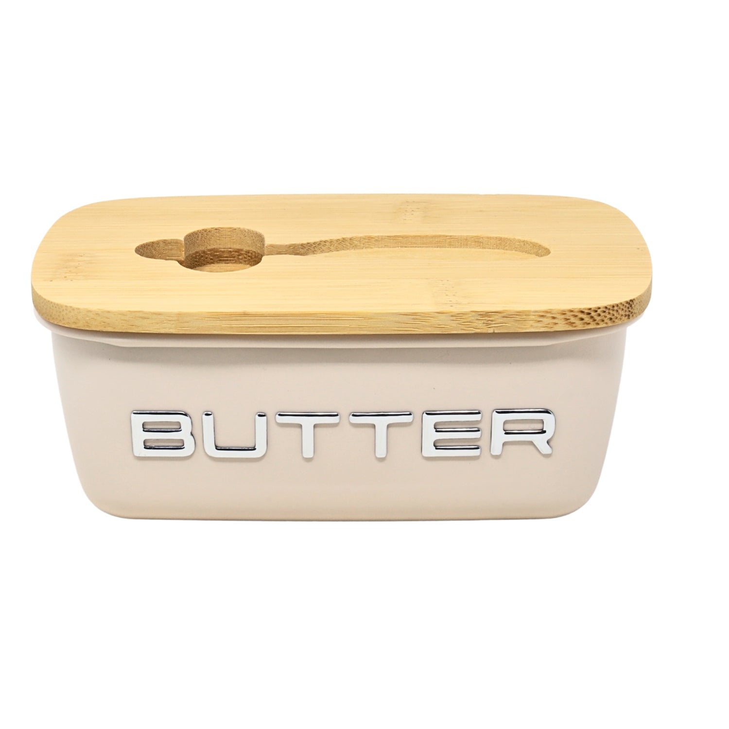 Cream Metal Airtight Storage Butter Dish with Wooden Lid