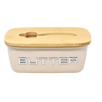 Cream Metal Airtight Storage Butter Dish with Wooden Lid