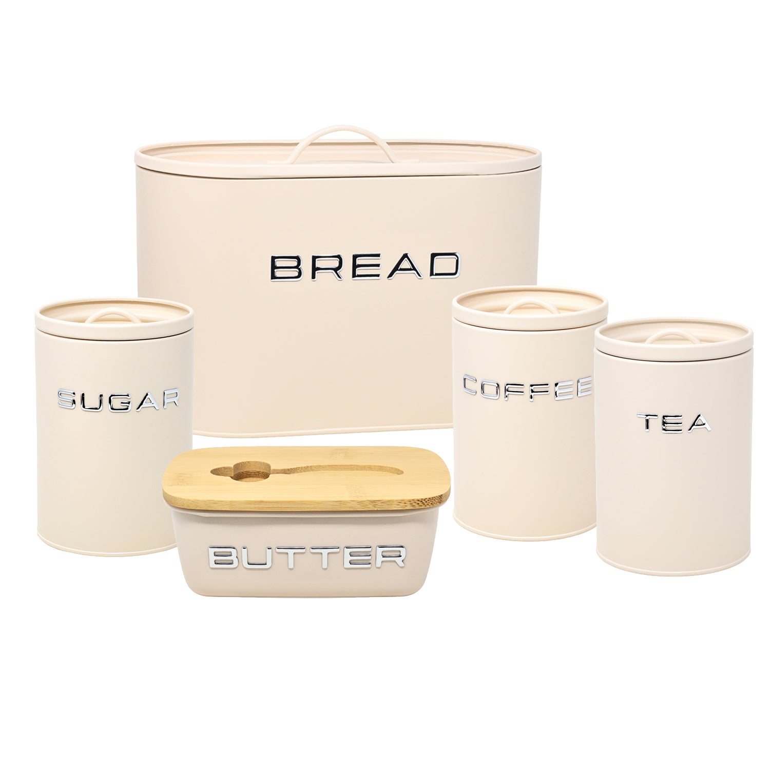 5Pcs Cream Metal Butter Dish Bread Bin Tea Coffee Sugar Canisters Set