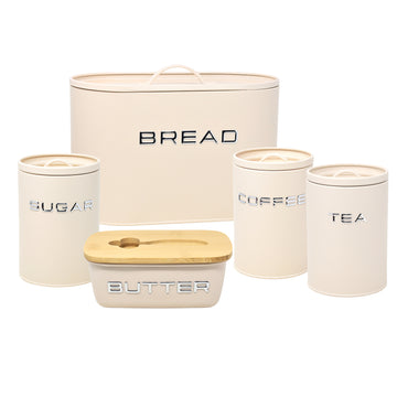 5Pcs Cream Metal Butter Dish Bread Bin Tea Coffee Sugar Canisters Set