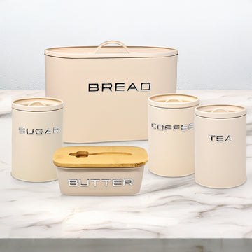 5Pcs Cream Metal Butter Dish Bread Bin Tea Coffee Sugar Canisters Set