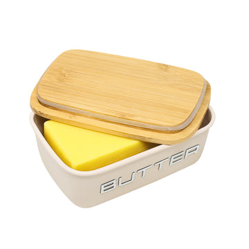 Cream Metal Airtight Storage Butter Dish with Wooden Lid
