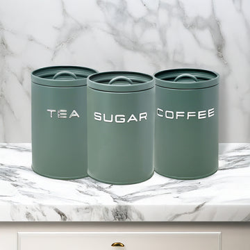 3Pcs Sage Green Metal Tea Coffee Sugar Kitchen Canister Set