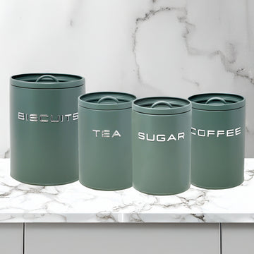 4Pccs Sage Green Metal Tea Coffee Sugar Biscuit Kitchen Canister Set