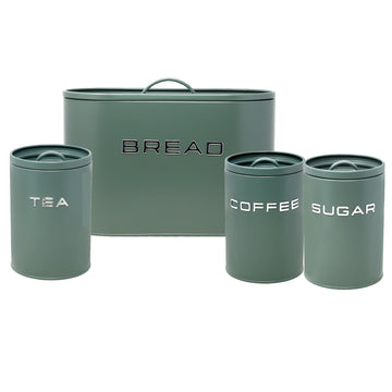 4Pcs Sage Green Metal Tea Coffee Sugar & Bread Bin Kitchen Canisters Set