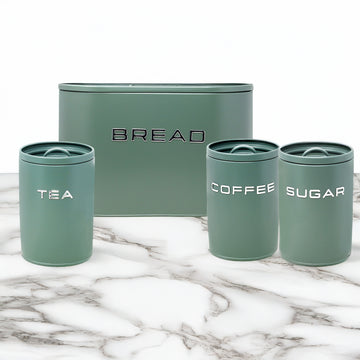 4Pcs Sage Green Metal Tea Coffee Sugar & Bread Bin Kitchen Canisters Set