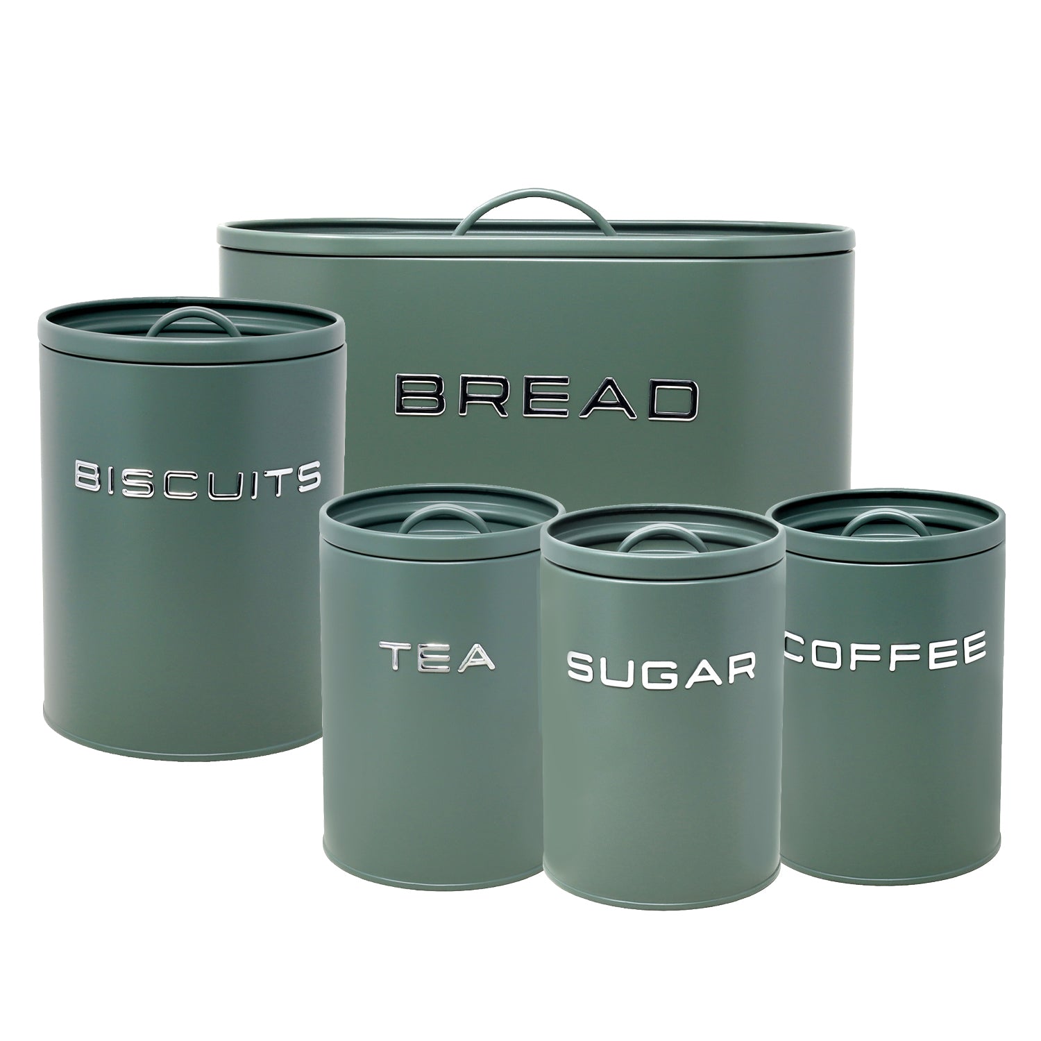 5Pcs Sage Green Metal Biscuit Tea Coffee Sugar Bread Bin Kitchen Canisters Set