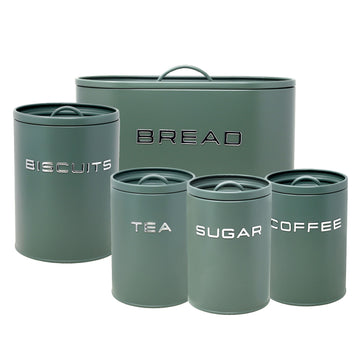 5Pcs Sage Green Metal Biscuit Tea Coffee Sugar Bread Bin Kitchen Canisters Set