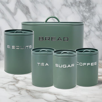 5Pcs Sage Green Metal Biscuit Tea Coffee Sugar Bread Bin Kitchen Canisters Set