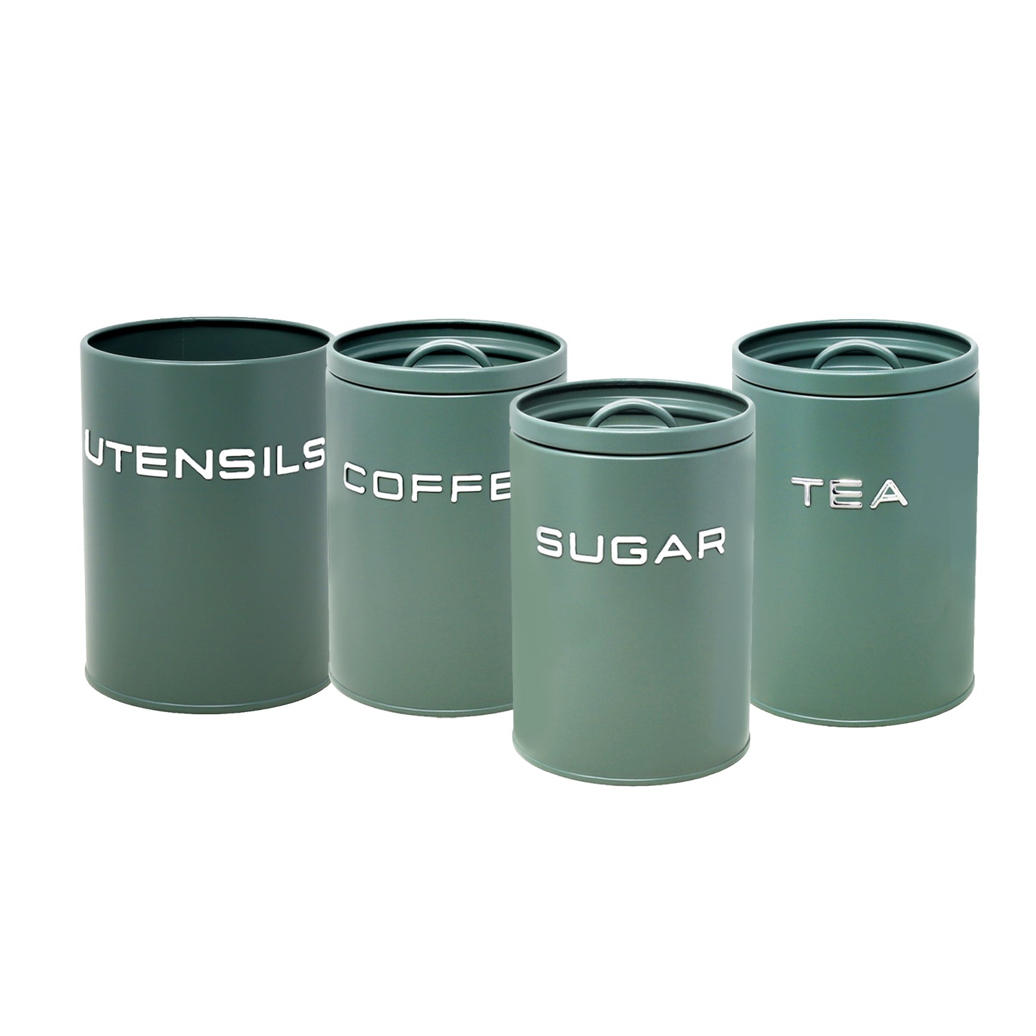 4Pcs Sage Green Metal Tea Coffee Sugar & Utensil Holder Kitchen Canister Set
