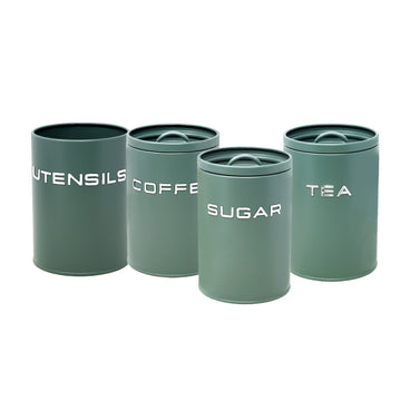 4Pcs Sage Green Metal Tea Coffee Sugar & Utensil Holder Kitchen Canister Set