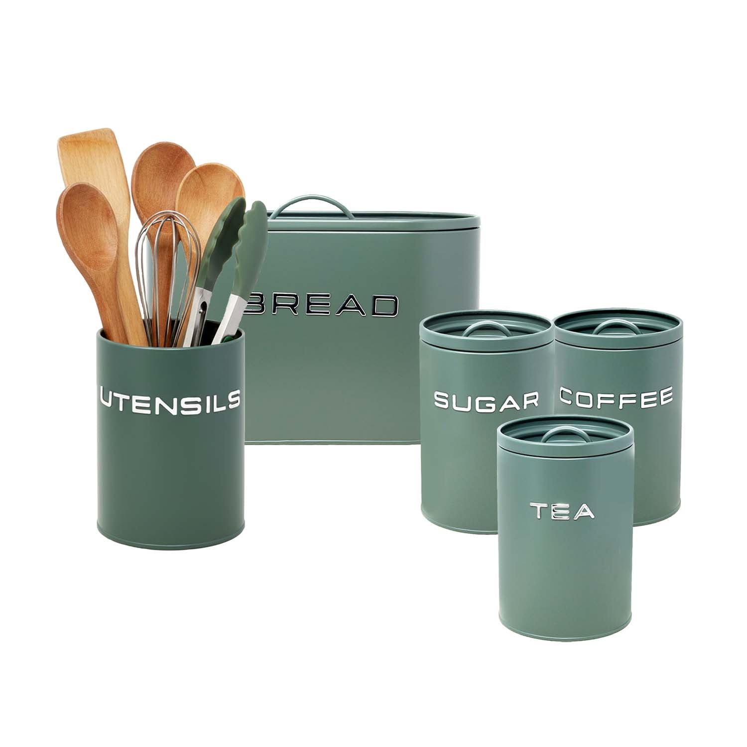5Pcs Sage Green Metal Tea Coffee Sugar Utensil Holder & Bread Bin Kitchen Canisters Set