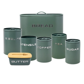 7Pcs Sage Green Metal Butter Dish Bread Bin Utensil Holder Biscuit Tin Canisters Set
