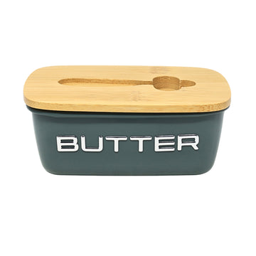 Sage Green Metal Butter Dish with Wooden Lid