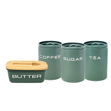 4Pcs Sage Green Metal Tea Coffee Sugar & Butter Dish Kitchen Canisters Set