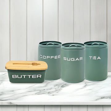 4Pcs Sage Green Metal Tea Coffee Sugar & Butter Dish Kitchen Canisters Set