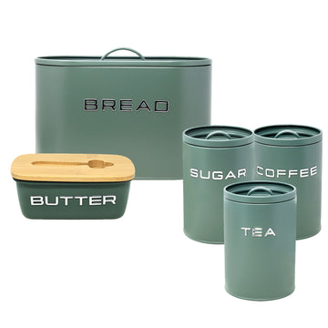 5Pcs Sage Green Metal Butter Dish Bread Bin Tea Coffee Sugar Canister Set