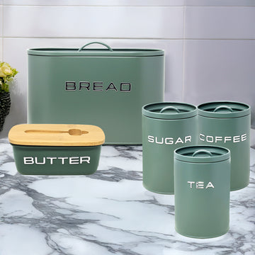5Pcs Sage Green Metal Butter Dish Bread Bin Tea Coffee Sugar Canister Set
