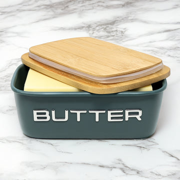 Sage Green Metal Butter Dish with Wooden Lid