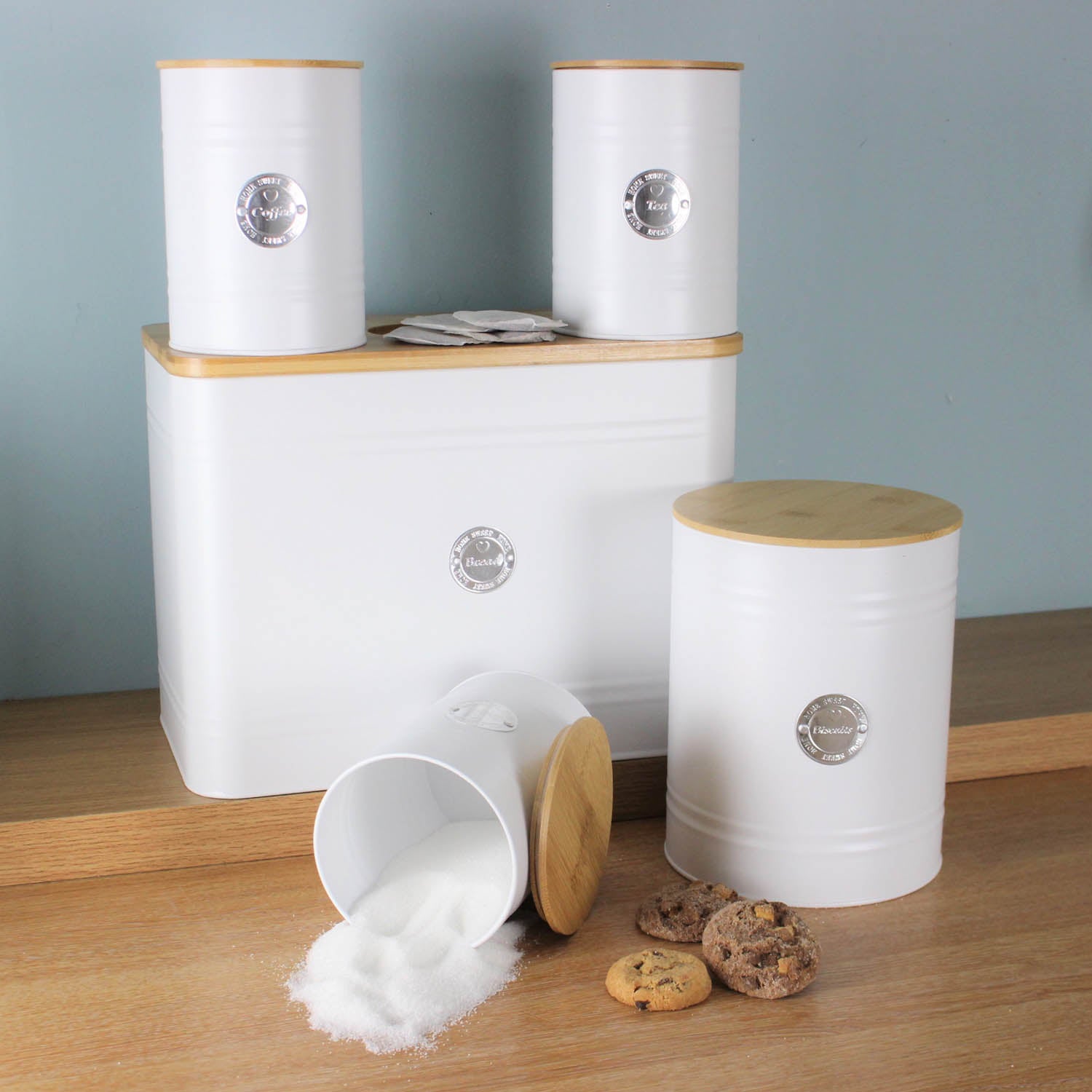 5Pcs White Tea Coffee Sugar Biscuit Tin Storage Canister