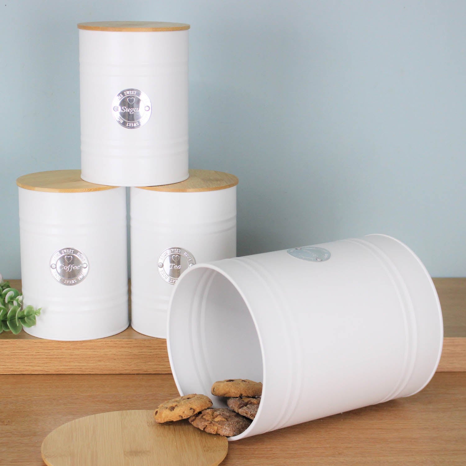 4Pcs White Tea Coffee Sugar Biscuit Tin Storage Canister