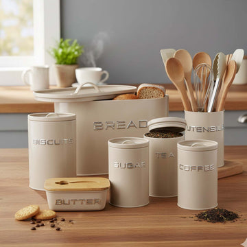 7Pcs Cream Metal Butter Dish Bread Bin Utensil Holder Biscuit Kitchen Canisters Set