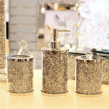 Set Of 3 Mirror Crushed Diamond Bathroom Dispenser Holder Set
