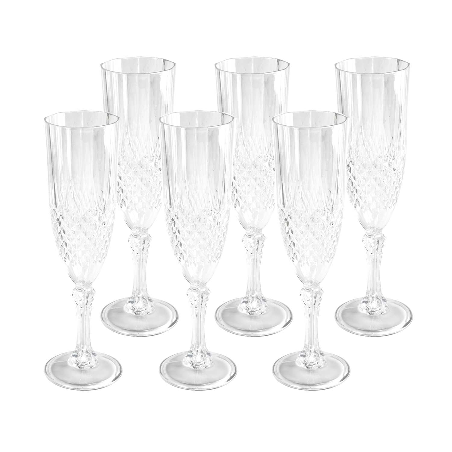 6pc 200ml Clear Plastic Crystal Effect Reusable Champagne Flutes Set