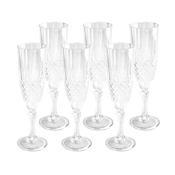 6pc 200ml Clear Plastic Crystal Effect Reusable Champagne Flutes Set