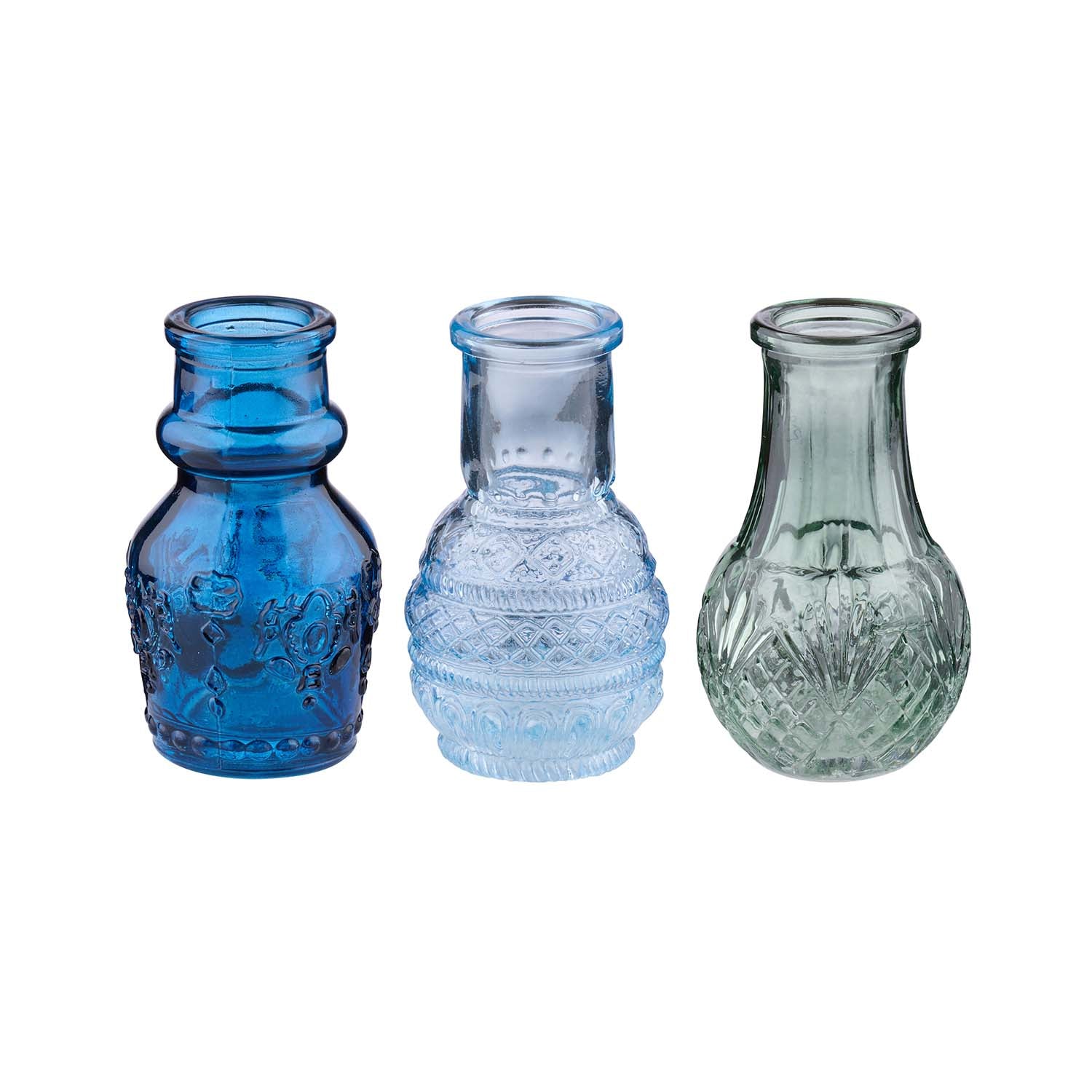 3pc Assorted Blue Embossed Glass Vase Set