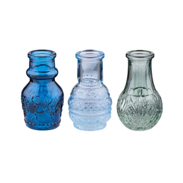 3pc Assorted Blue Embossed Glass Vase Set