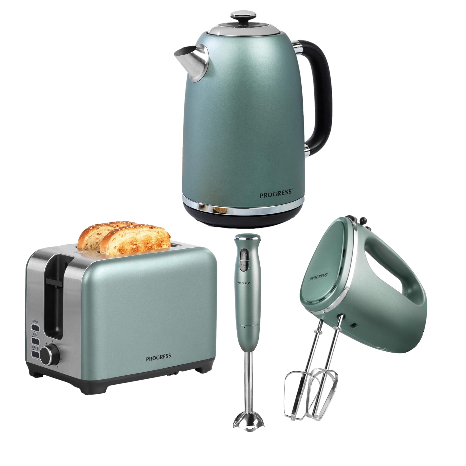 1.8L Green Electric Kettle 2 Slice Toaster Handheld Blender & Hand Mixer Set