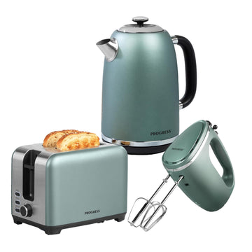 1.8L Green Shimmer Electric Kettle Hand Mixer & 2 Slice Toaster Set