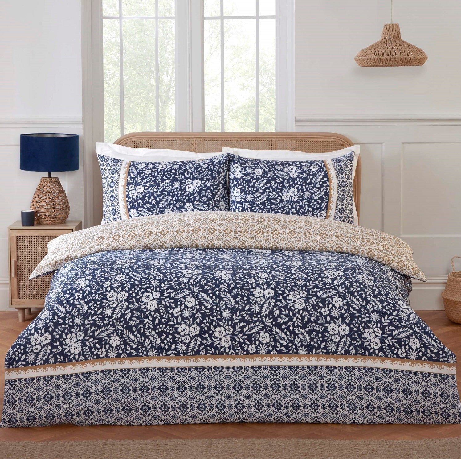 Botanical Garden Duvet Cover Set, King, Navy & Natural