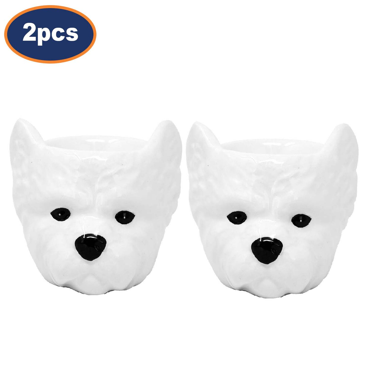 2Pcs White Ceramic Westie Head Egg Cups
