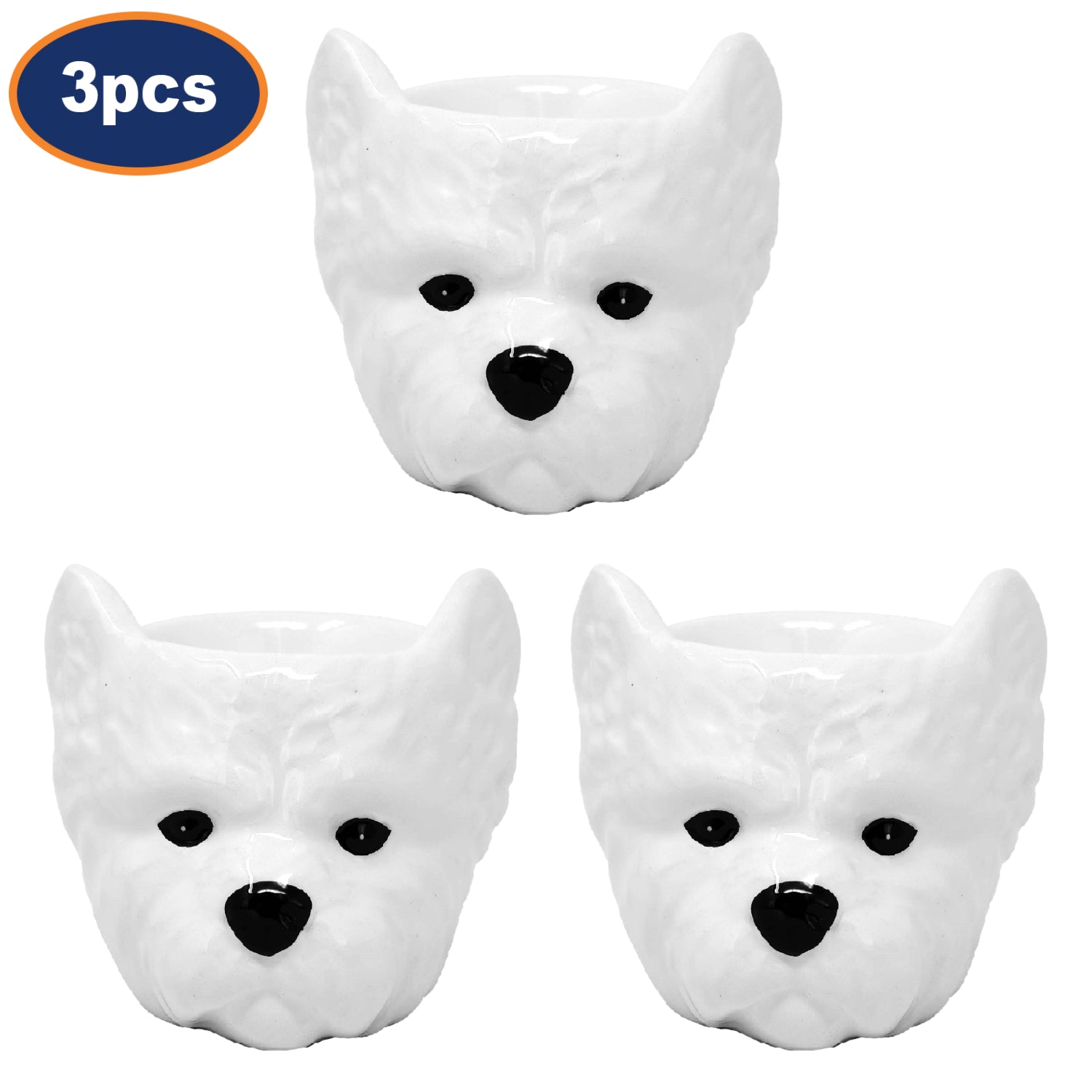 3Pcs White Ceramic Westie Head Egg Cups