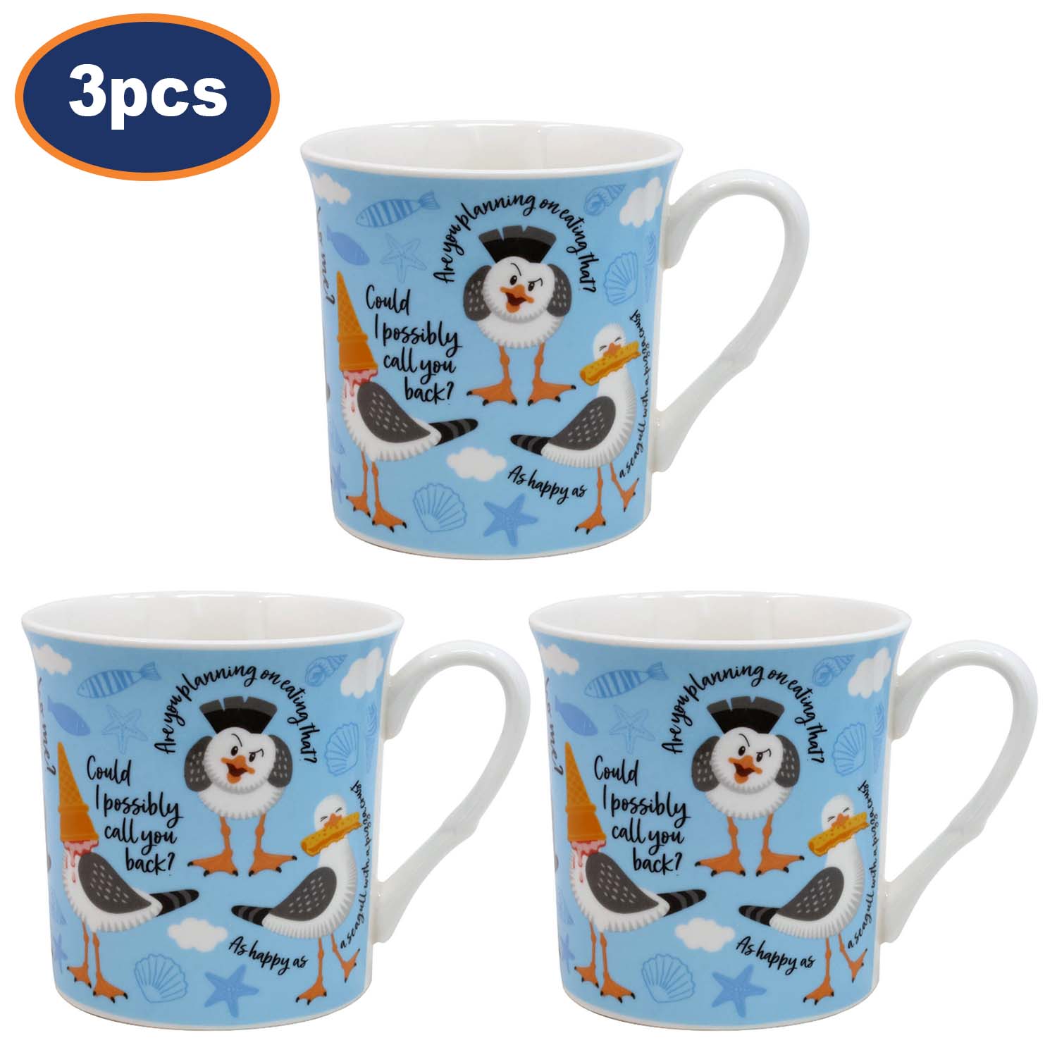 3Pcs 270ml Blue Squawk The Seagull Fine China Mugs