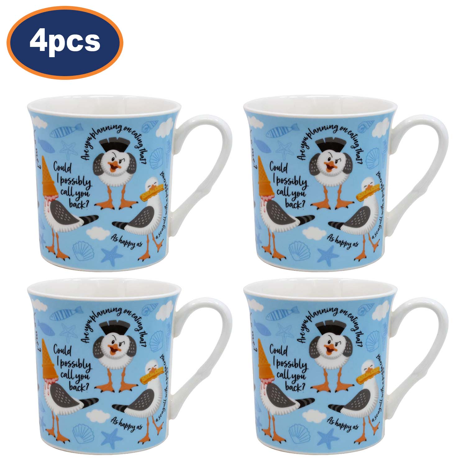 4Pcs 270ml Blue Squawk The Seagull Fine China Mugs