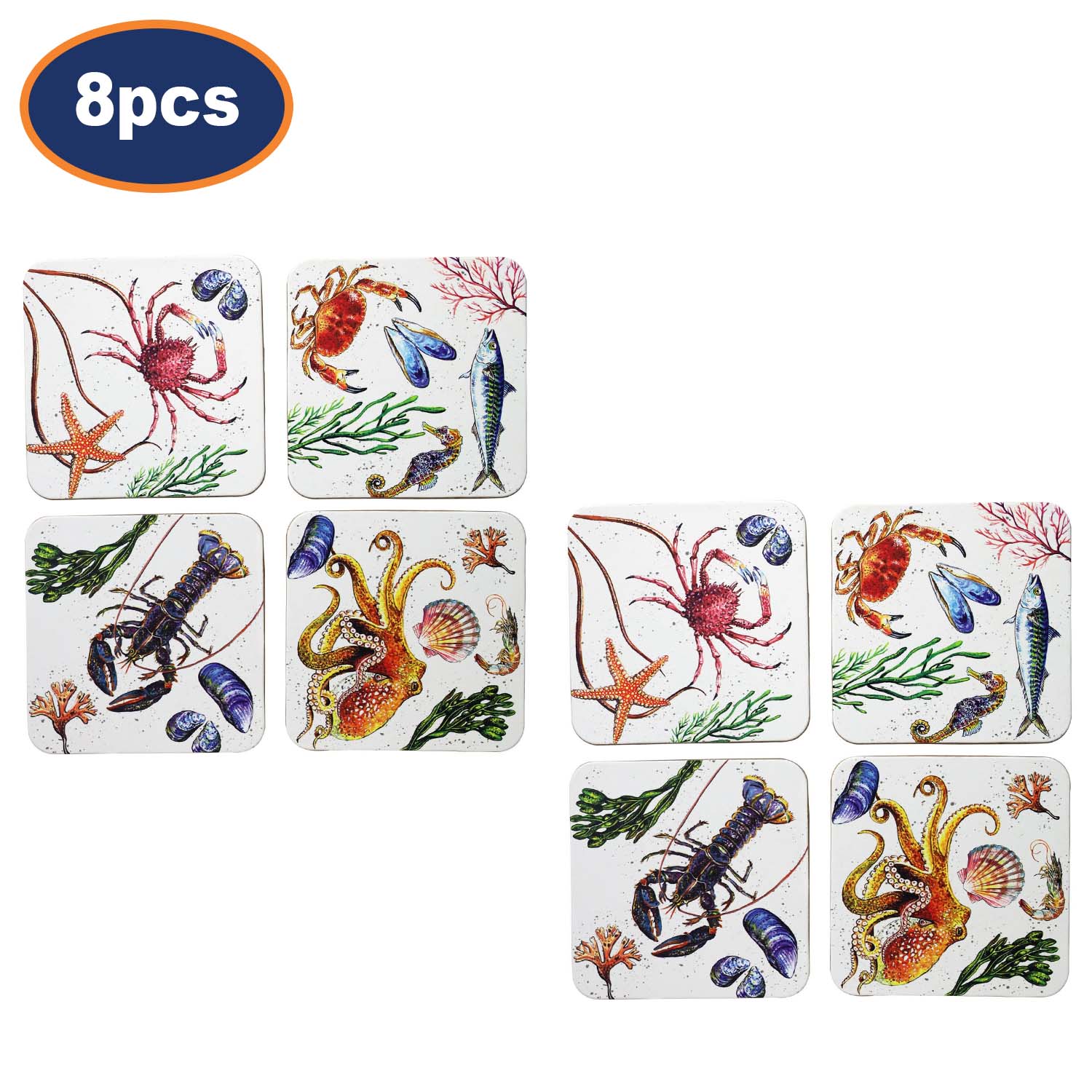 8Pcs Fruits De Mer Square Coasters