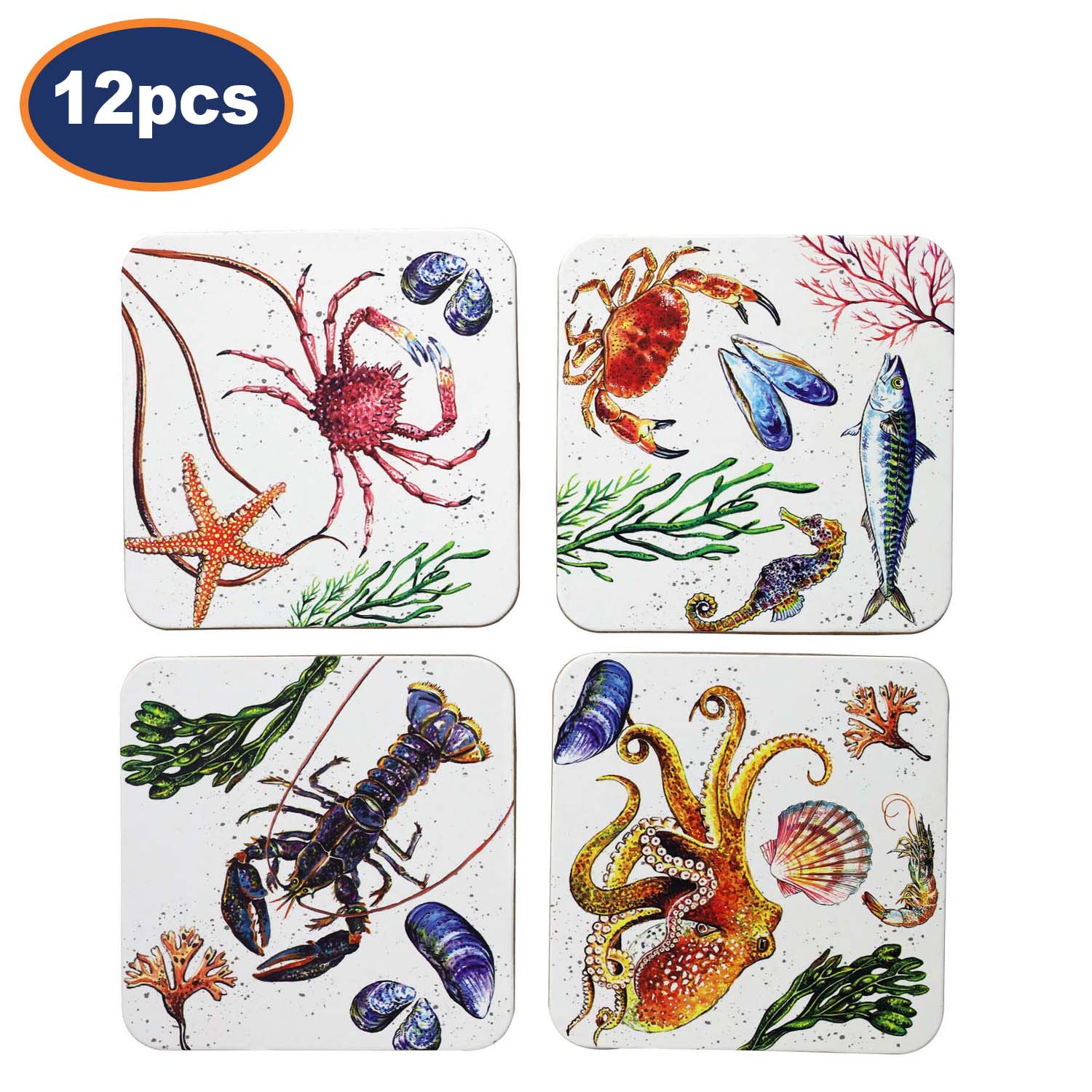 12Pcs Fruits De Mer Square Coasters