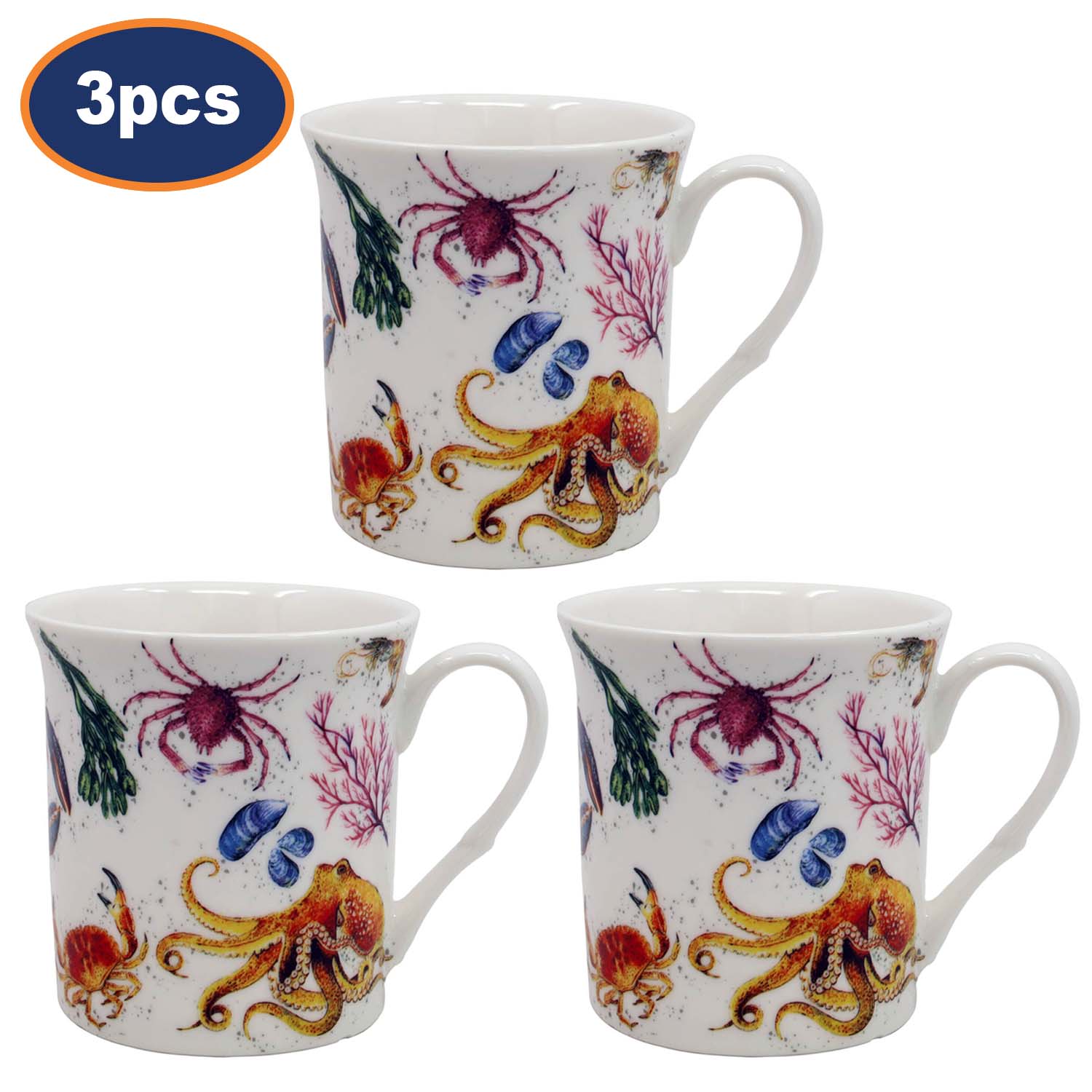 3Pcs 270ml Sealife Fish Fine China Mugs