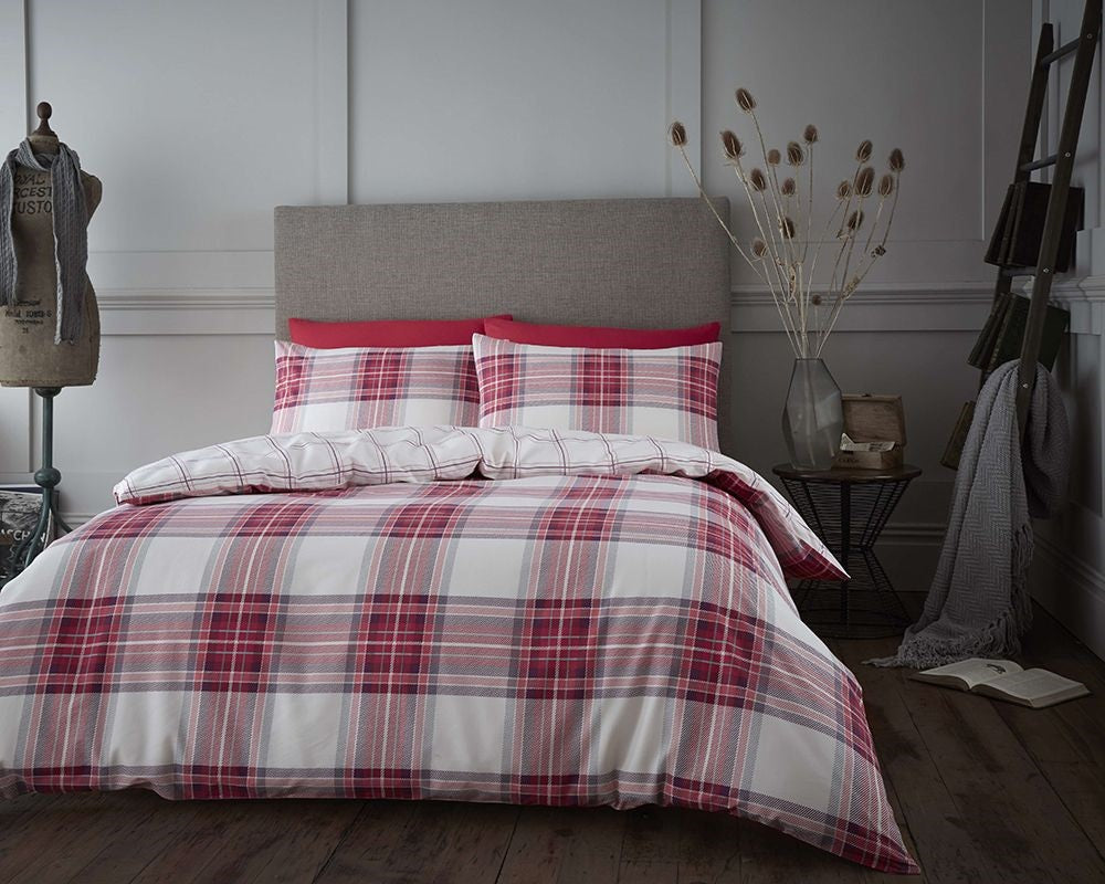 Highland Check Duvet Cover Set, Double, Burgundy